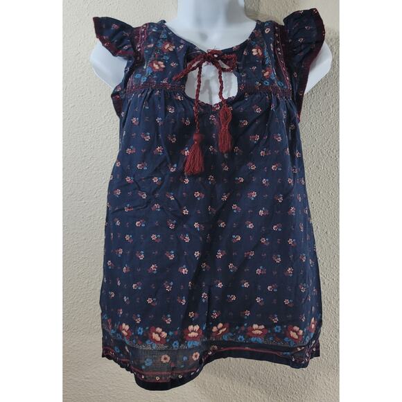 Point Sur Navy Blue Burgundy Floral Tie Keyhole Neck Top XS Lightweight Soft - Picture 1 of 5